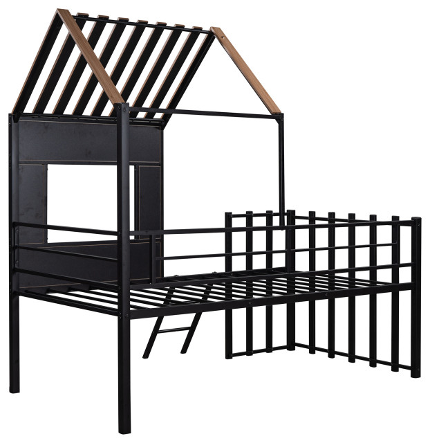 Gewnee Metal Twin Size Loft Bed With Roof, Window, Guardrail, Ladder In ... pertaining to