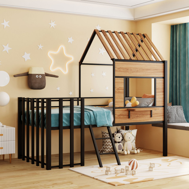 Gewnee Metal Twin Size Loft Bed With Roof, Window, Guardrail, Ladder In ... with regard to