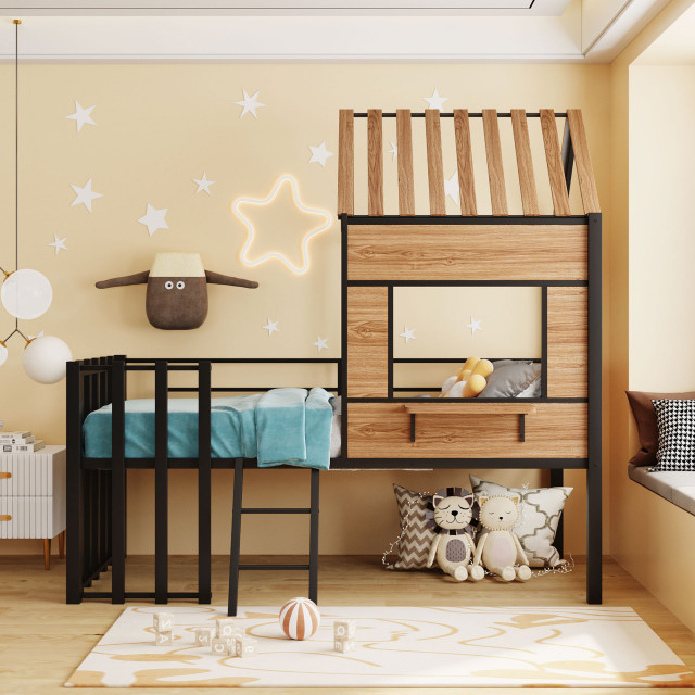 Gewnee Metal Twin Size Loft Bed With Roof, Window, Guardrail, Ladder In ... with regard to