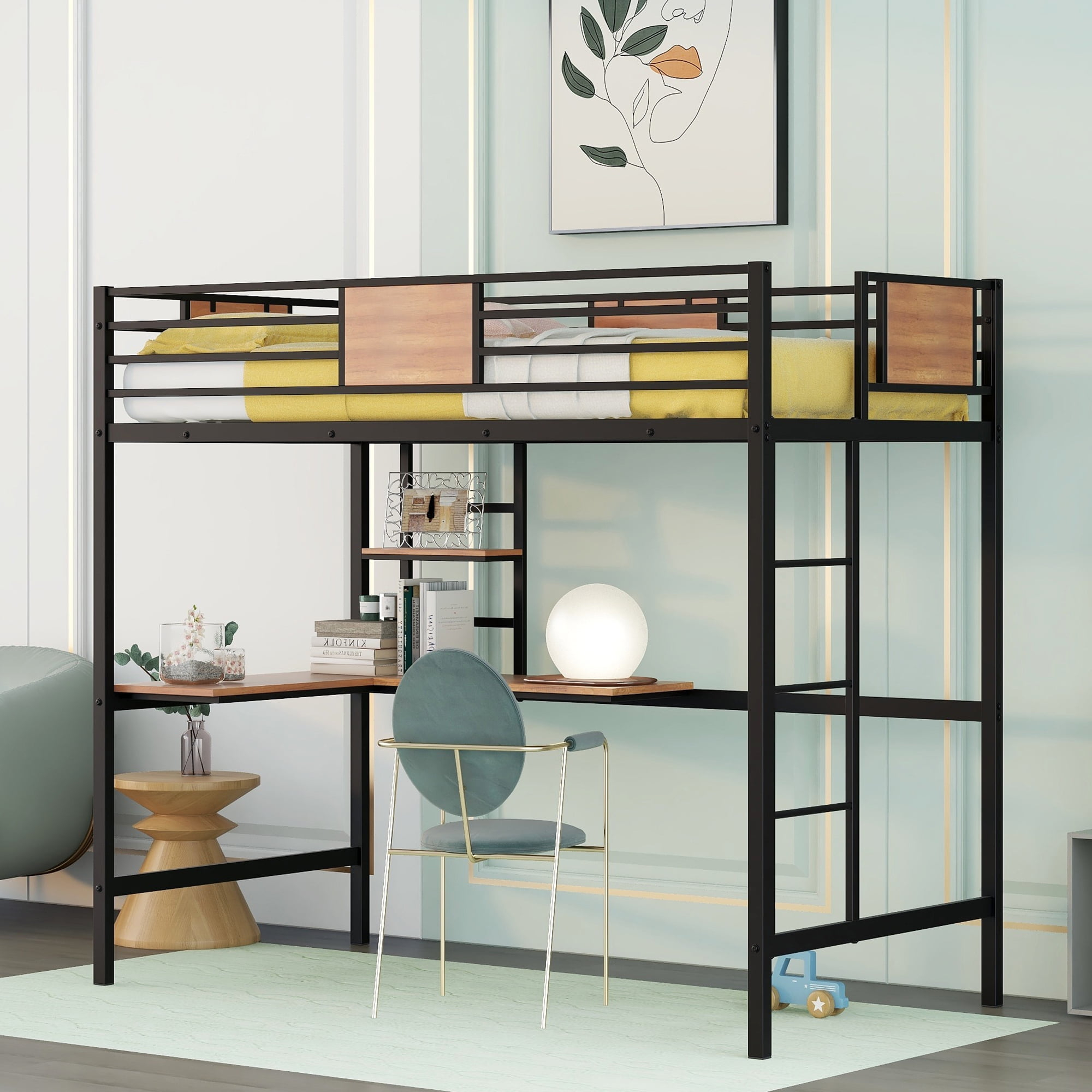 Gewnee Twin Metal Loft Bed - L-Shape Desk, Shelves - Walmart.com for