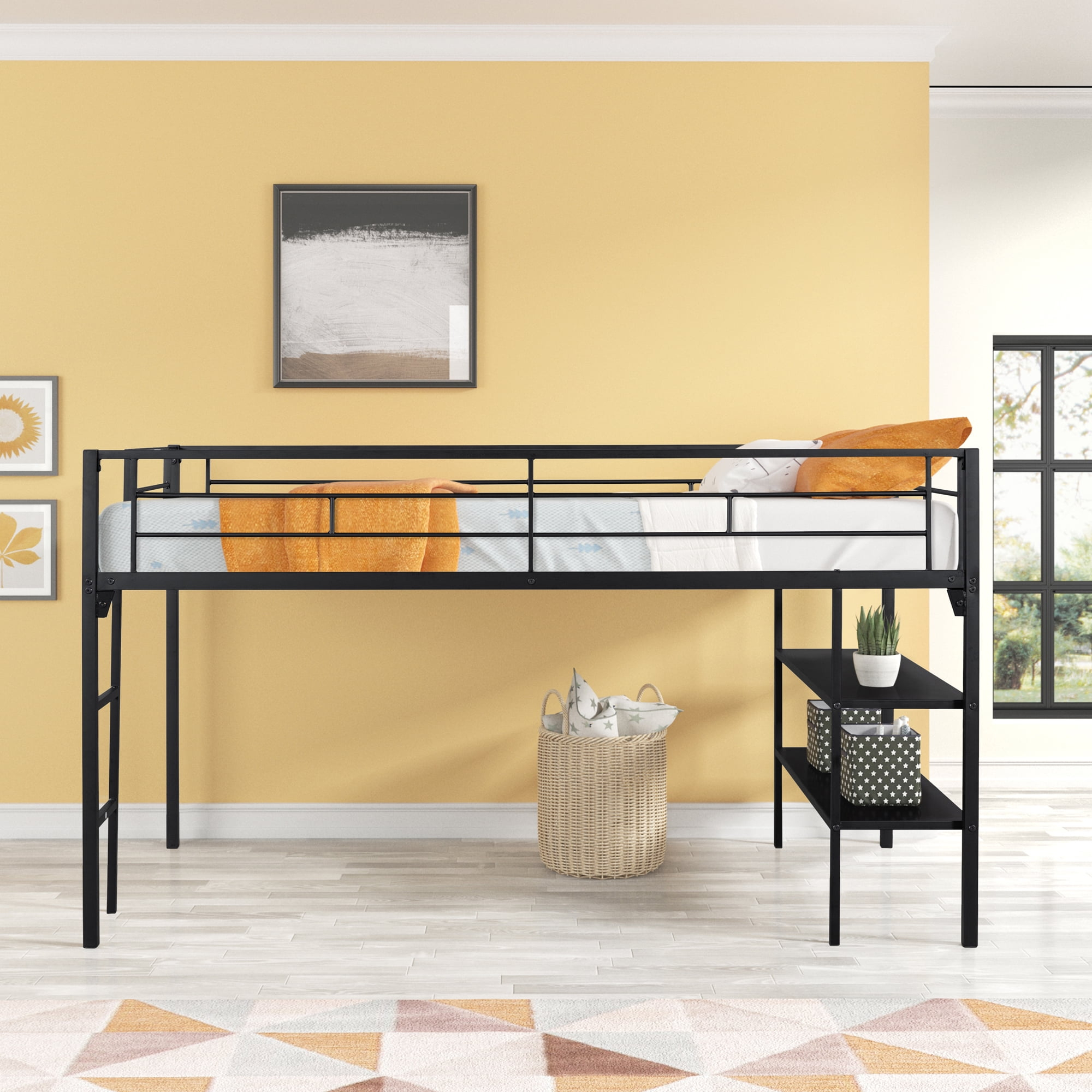 Gewnee Twin Metal Loft Bed With Storage Shelves, Low Metal Loft Bed ... regarding Why A Gewnee Metal Twin Loft Bed Is The Perfect Space Saver