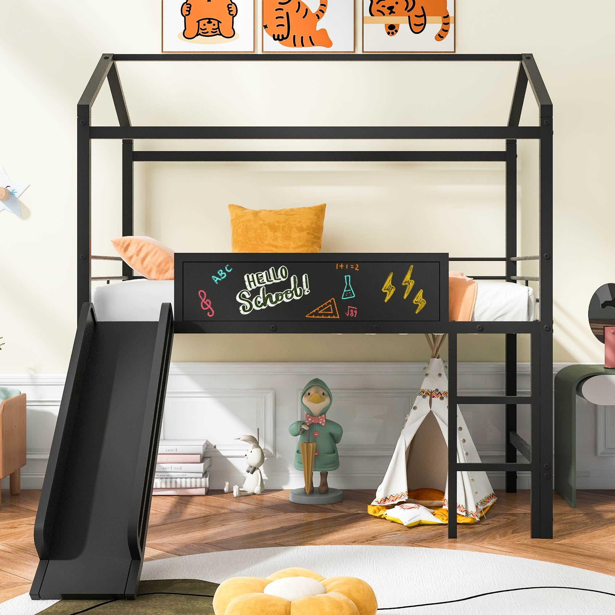 Gewnee Twin Metal Loft Bed Wtih With Slide And Ladder, House Bed With ... intended for Designing for Efficiency The Gewnee Loft Bed for Organized Living