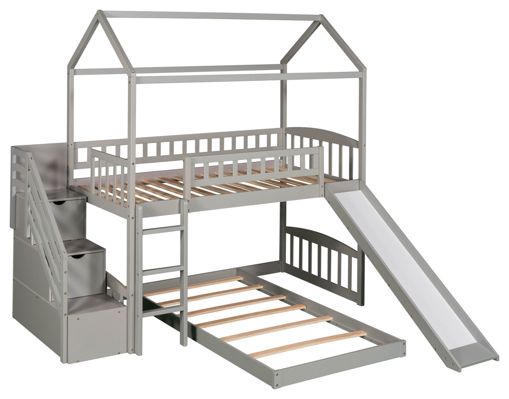 Gewnee Twin Over Twin Bunk Bed House Bed With Drawers And Slide In Gray ... with regard to