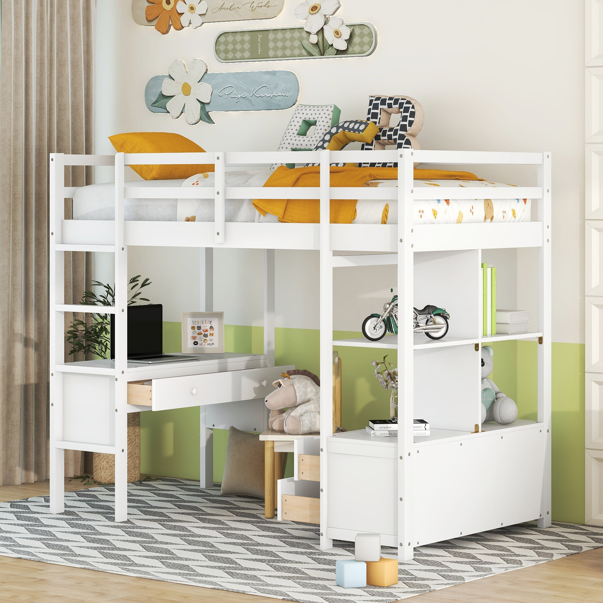 Gewnee Twin Size Loft Bed With Built-In Desk With Two Drawers ... in