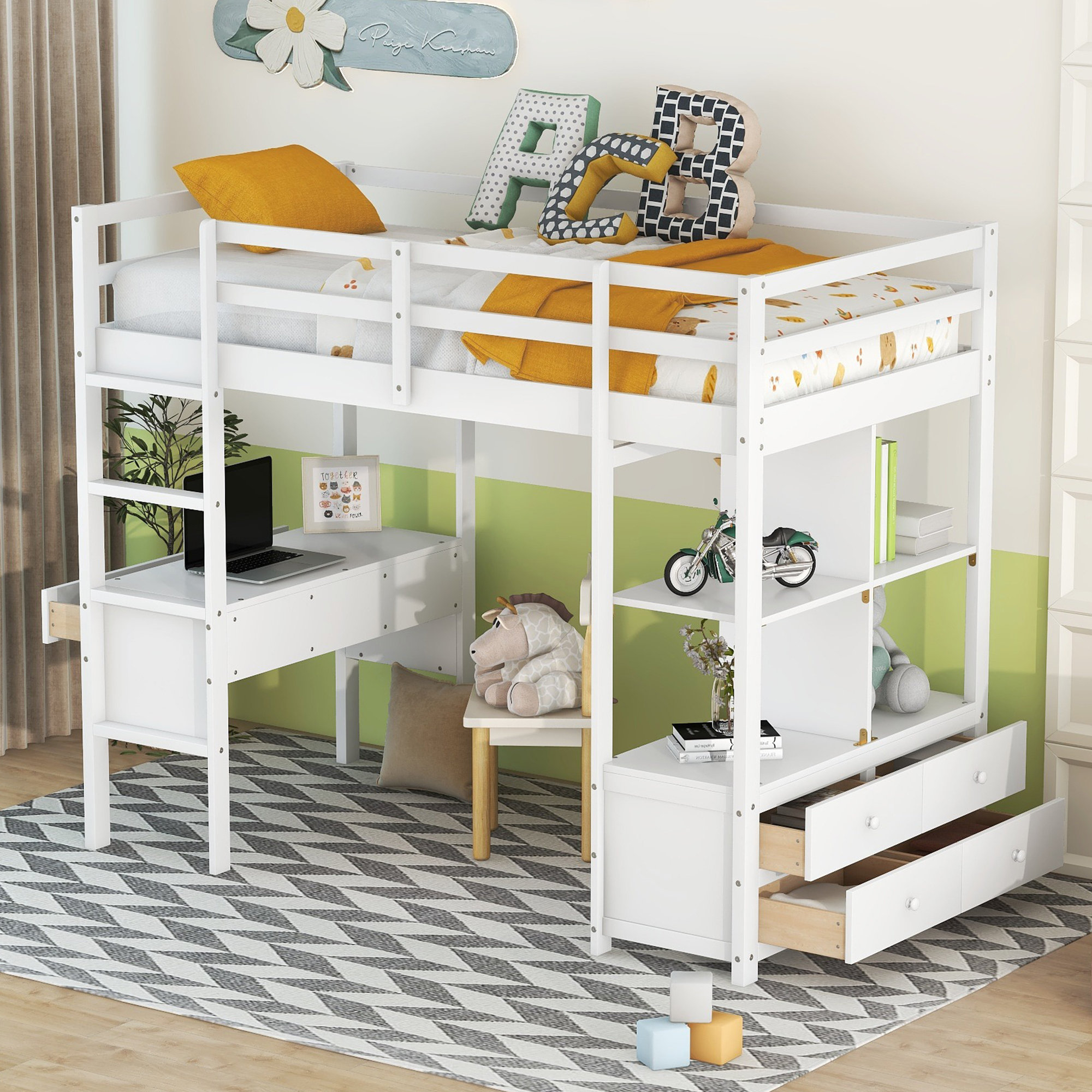 Gewnee Twin Size Loft Bed With Built-In Desk With Two Drawers ... with