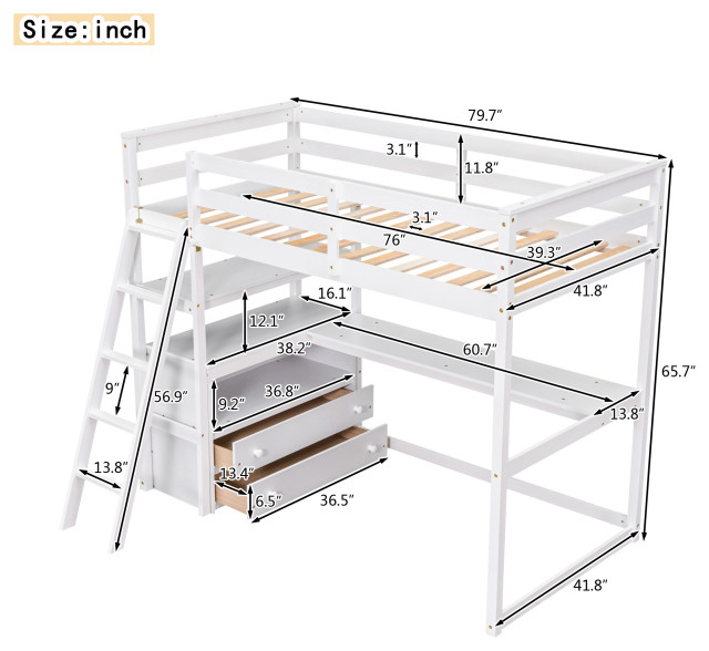 Gewnee Twin Size Loft Bed With Desk And Shelves In White - Transitional ... regarding