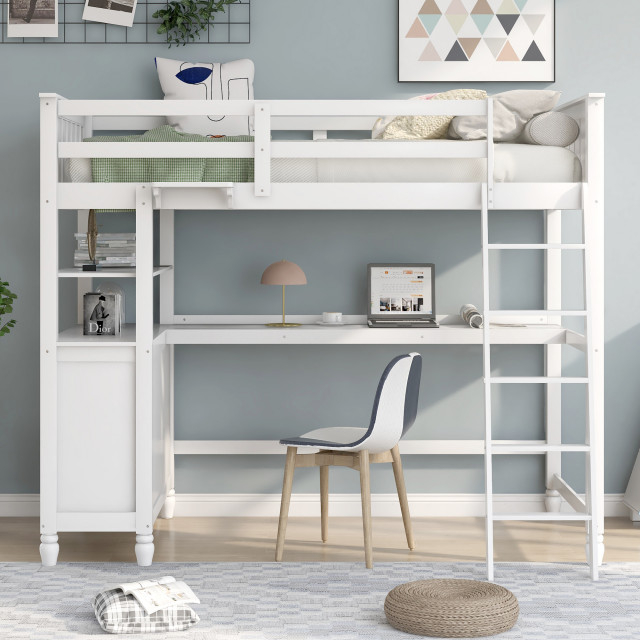 Gewnee Twin Size Loft Bed With Drawers And Desk, Wooden Loft Bed In ... within Maximizing Space The Gewnee Twin Loft Bed With Stairs and Desk