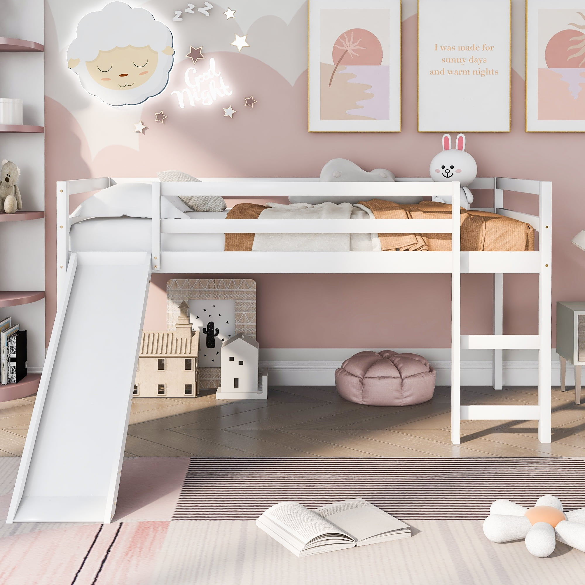 Gewnee Twin Size Loft Bed With Slide,Pine Wood Low Loft Bed With Ladder ... within