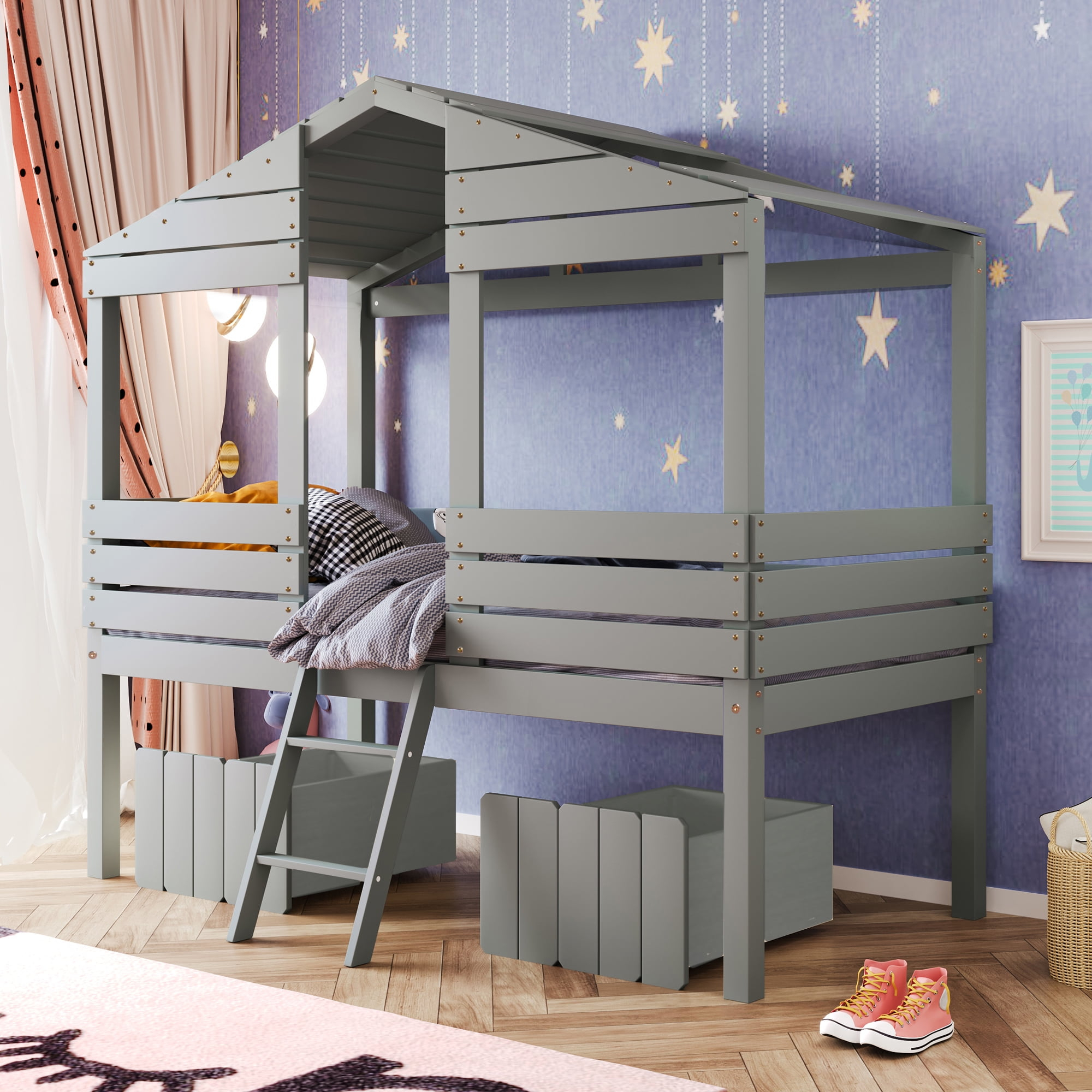Gewnee Twin Size Low Loft Bed,Kids Wood House Bed With Two Storage ... in