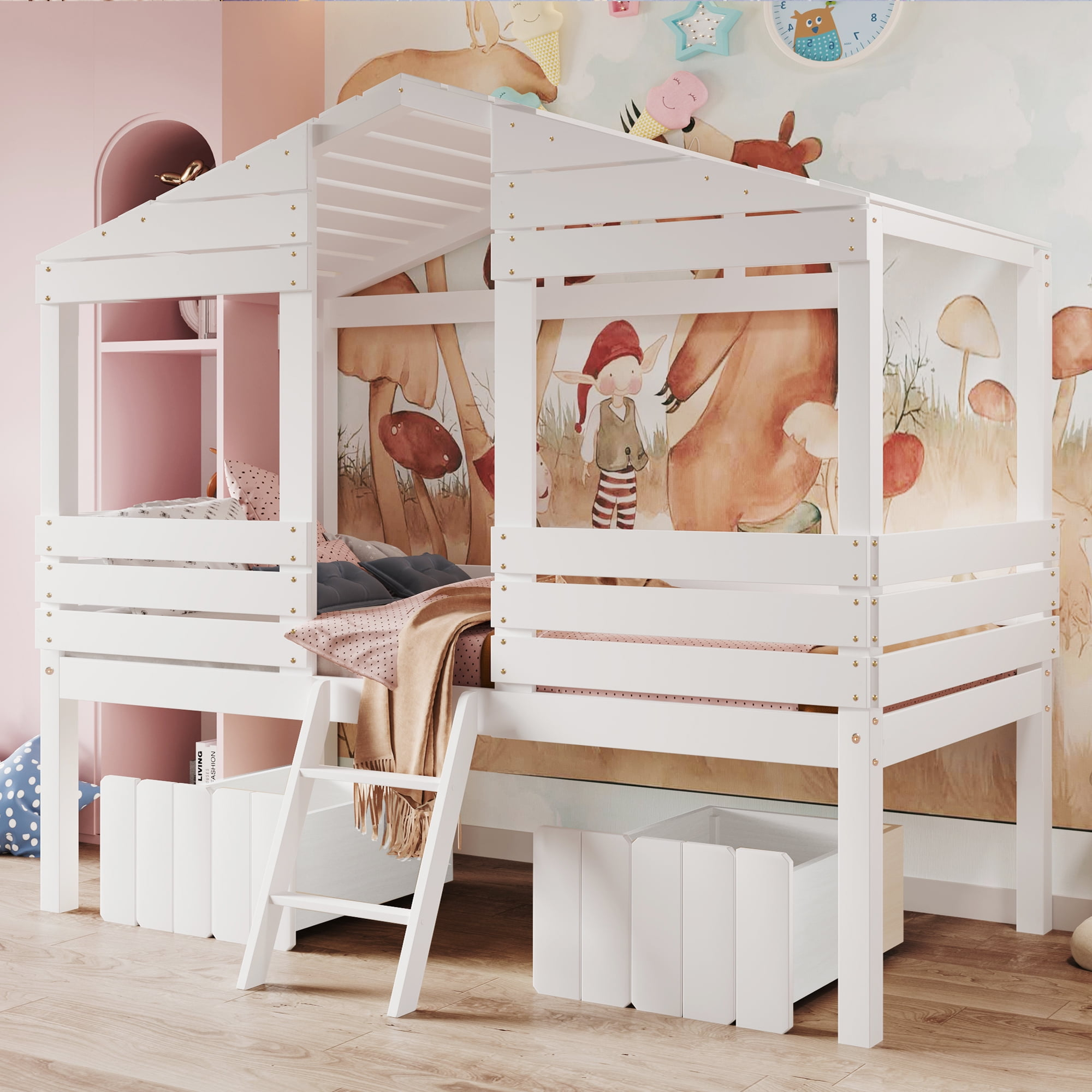 Gewnee Twin Size Low Loft Bed,Kids Wood House Bed With Two Storage ... pertaining to