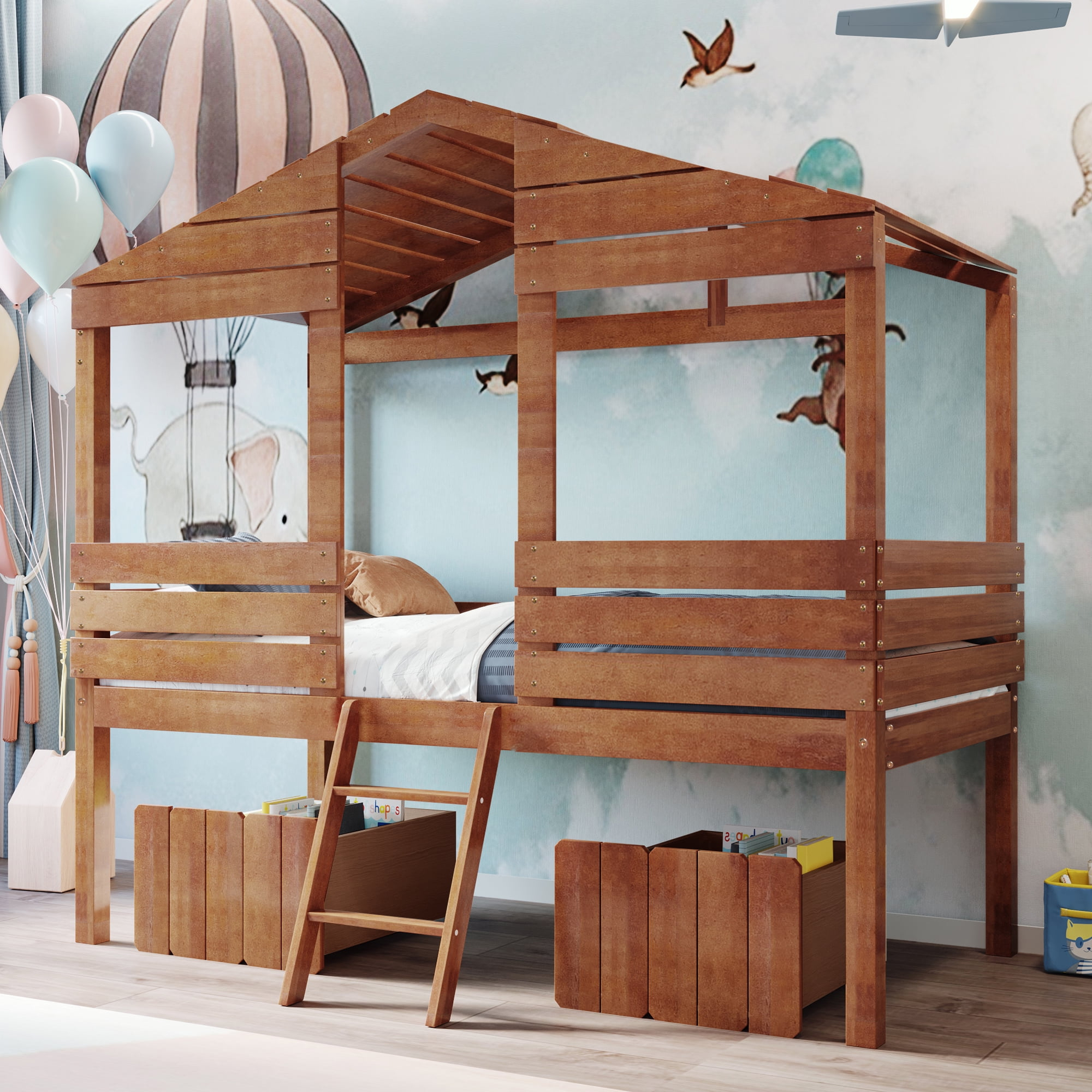 Gewnee Twin Size Low Loft Bed,Kids Wood House Bed With Two Storage ... with