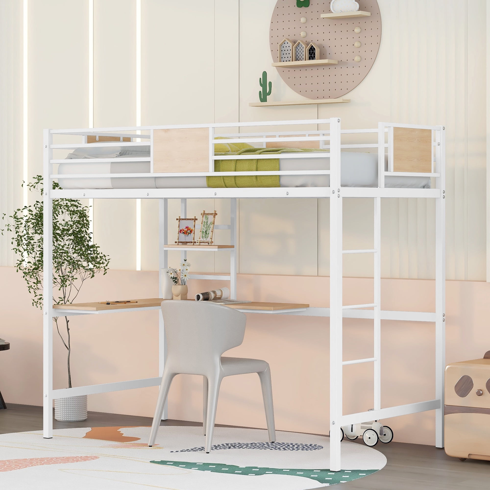 Gewnee Twin Size Metal Loft Bed With L-Shape Desk And Shelves For Kids ... with regard to Maximizing Space The Gewnee Twin Loft Bed With Stairs and Desk