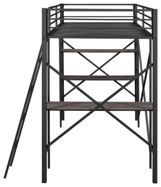 Gewnee Twin Size Metal Loft Bed With Shelves And Desk In Black ... intended for