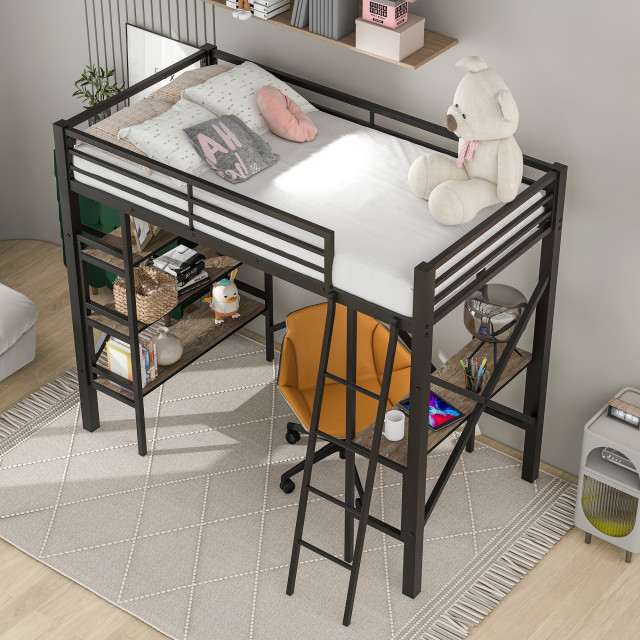Gewnee Twin Size Metal Loft Bed With Shelves And Desk In Black ... regarding Gewnee Loft Bed Versatility How the Desk and Shelves Enhance Your Room