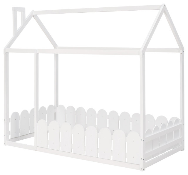 Gewnee Twin Size Wood Bed House Bed Frame With Fence, For Kids, In ... regarding Unlocking Space Maximization The Gewnee Wood Twin Loft Bed Explained