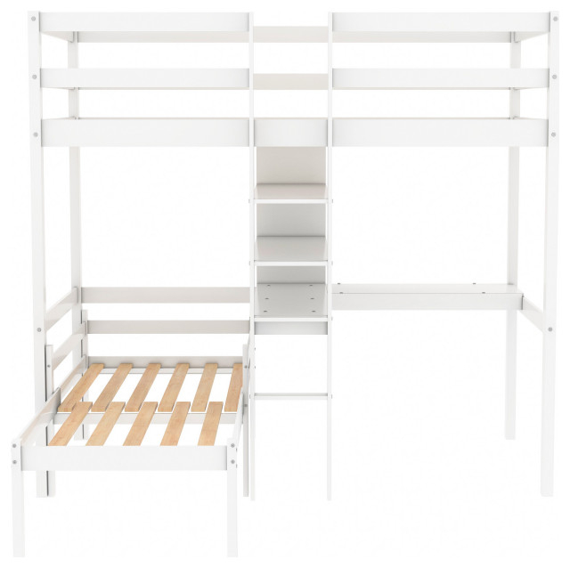 Gewnee Wood Convertible Twin Loft Bed With L-Shape Desk In White ... within Unlocking Space Maximization The Gewnee Wood Twin Loft Bed Explained