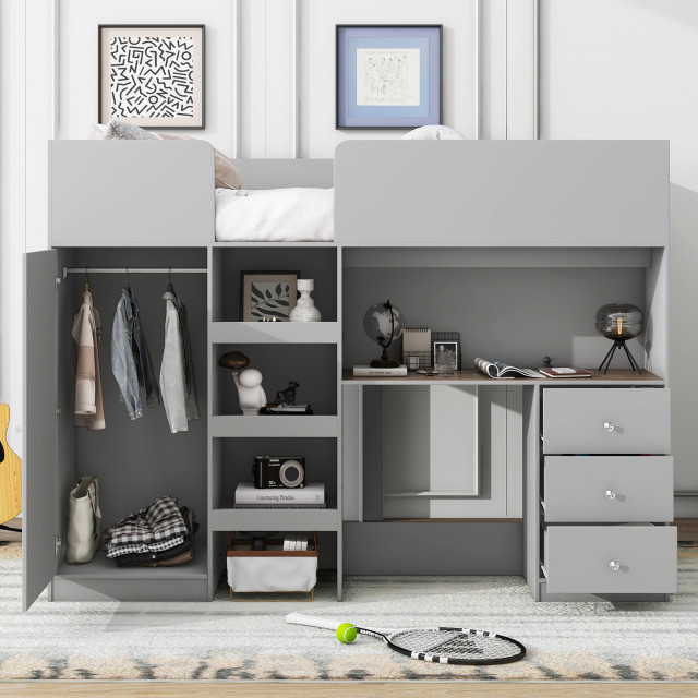 Gewnee Wood Full Size Loft Bed With Built-In Wardrobe - Transitional ... in