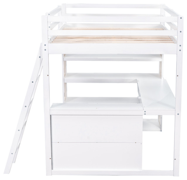 Gewnee Wood Full Size Loft Bed With Ladder And Desk In White ... inside