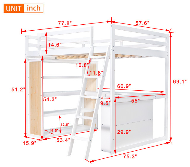 Gewnee Wood Full Size Loft Bed With Ladder And Desk In White ... pertaining to Beyond the Bed The Versatile Gewnee Wood Full Size Loft Bed Wardrobe