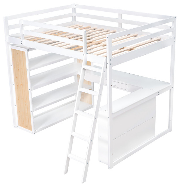 Gewnee Wood Full Size Loft Bed With Ladder And Desk In White ... throughout
