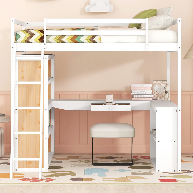 Gewnee Wood Full Size Loft Bed With Ladder And Desk In White ... with Beyond the Bed The Versatile Gewnee Wood Full Size Loft Bed Wardrobe
