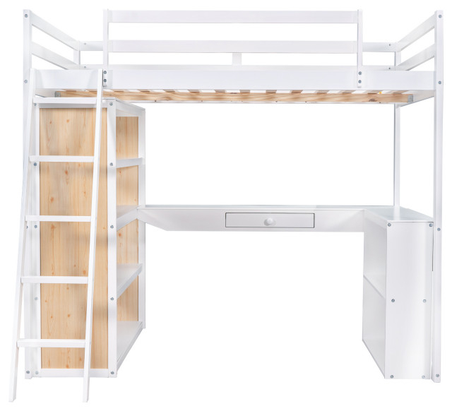Gewnee Wood Full Size Loft Bed With Ladder And Desk In White ... with