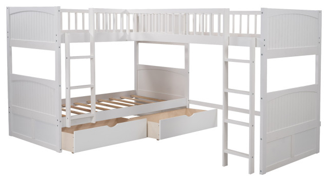 Gewnee Wood Twin Bunk Bed With Loft Bed And Drawers In White ... for
