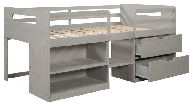 Gewnee Wood Twin Loft Bed With Shelves And Drawers In Antique Gray ... pertaining to How the Gewnee Loft Bed with Desk and Shelves Can Boost Your Student's Success