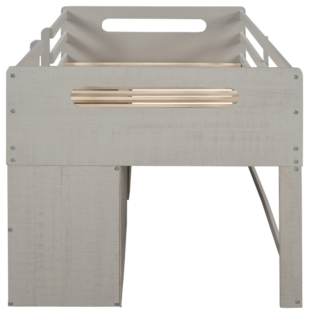 Gewnee Wood Twin Loft Bed With Shelves And Drawers In Antique Gray ... regarding
