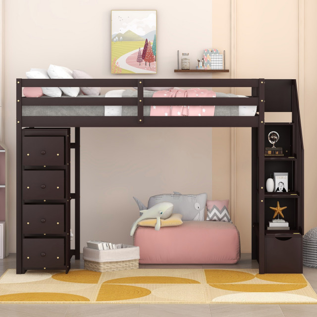 Gewnee Wood Twin Loft Bed With Storage Drawers And Stairs In Espresso ... with Unlocking Space Maximization The Gewnee Wood Twin Loft Bed Explained
