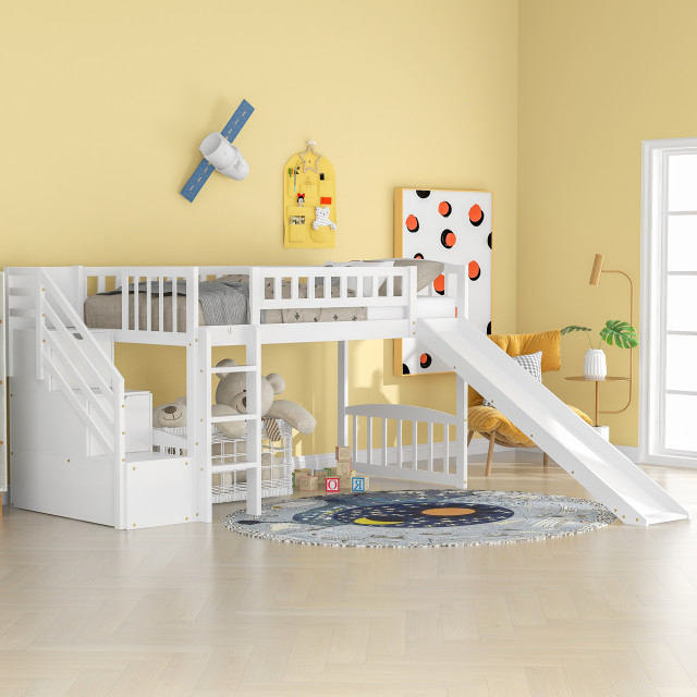 Gewnee Wood Twin Loft Bed With Storage Stairway And Slide In White ... within Unlocking Space Maximization The Gewnee Wood Twin Loft Bed Explained