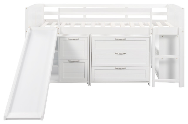 Gewnee Wood Twin Low Loft Bed With Cabinets, Shelves And Slide In White ... in
