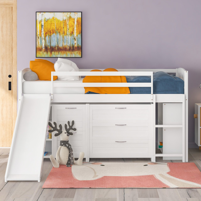 Gewnee Wood Twin Low Loft Bed With Cabinets, Shelves And Slide In White ... with regard to