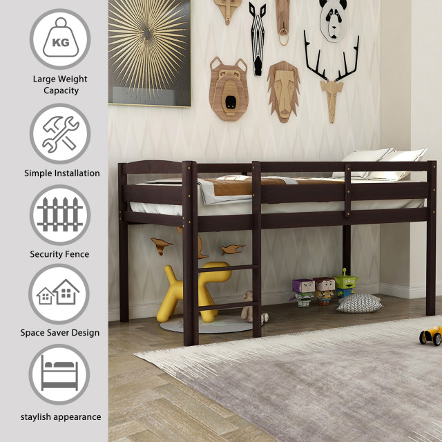 Gewnee Wood Twin Low Loft Bed With Ladder In Espresso - Transitional ... with regard to Gewnee Loft Bed Review Innovations for Compact Living Spaces
