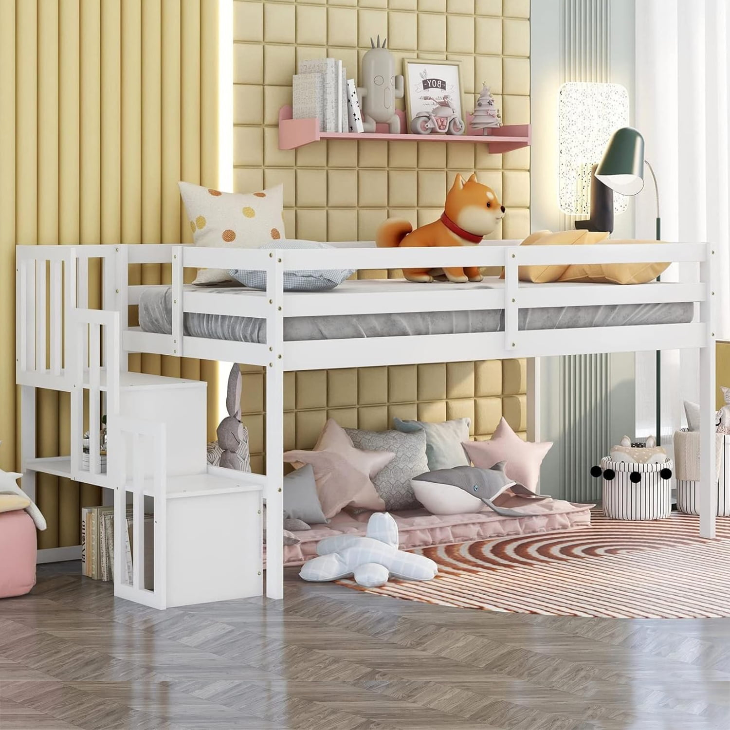 Gewnee Wood Twin Low Loft Bed With Storage Staircase And Safety ... with