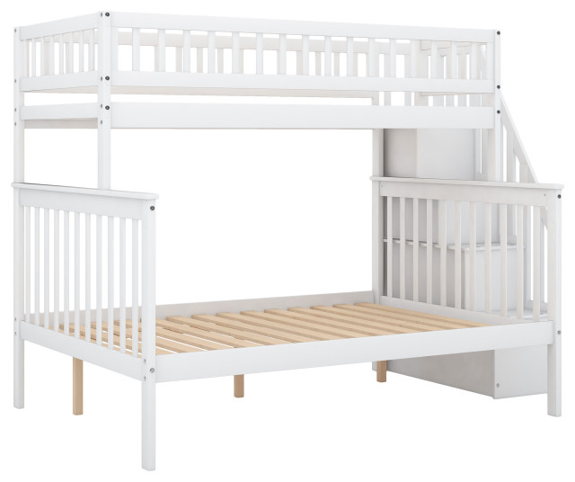 Gewnee Wood Twin Over Full Bunk Bed With Storage Stairway In White ... with