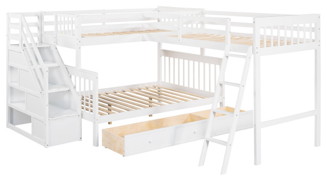 Gewnee Wood Twin Over Full L-Shaped Bunk Bed With 3 Drawers In White ... with Gewnee Wood Bunk Bed Innovations for Kids' Rooms