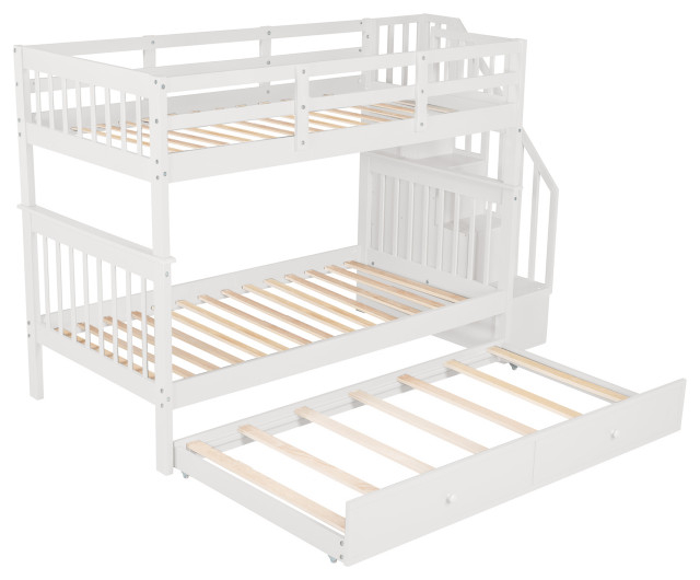 Gewnee Wood Twin-Over-Twin Bunk Bed With Trundle And Stairway In White ... with