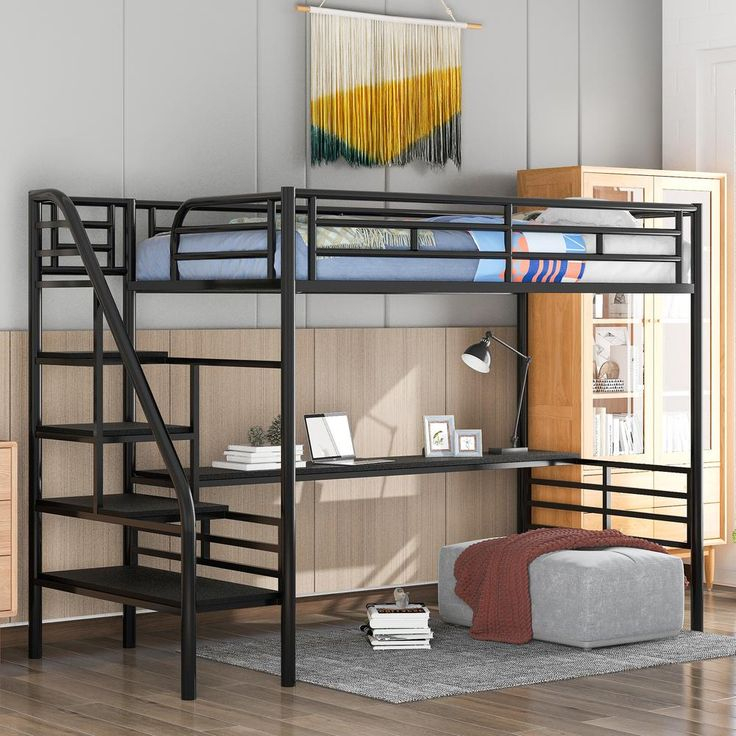 Gojane Black Twin Metal Loft Bed Frame With Desk, No Box Spring Needed ... with regard to
