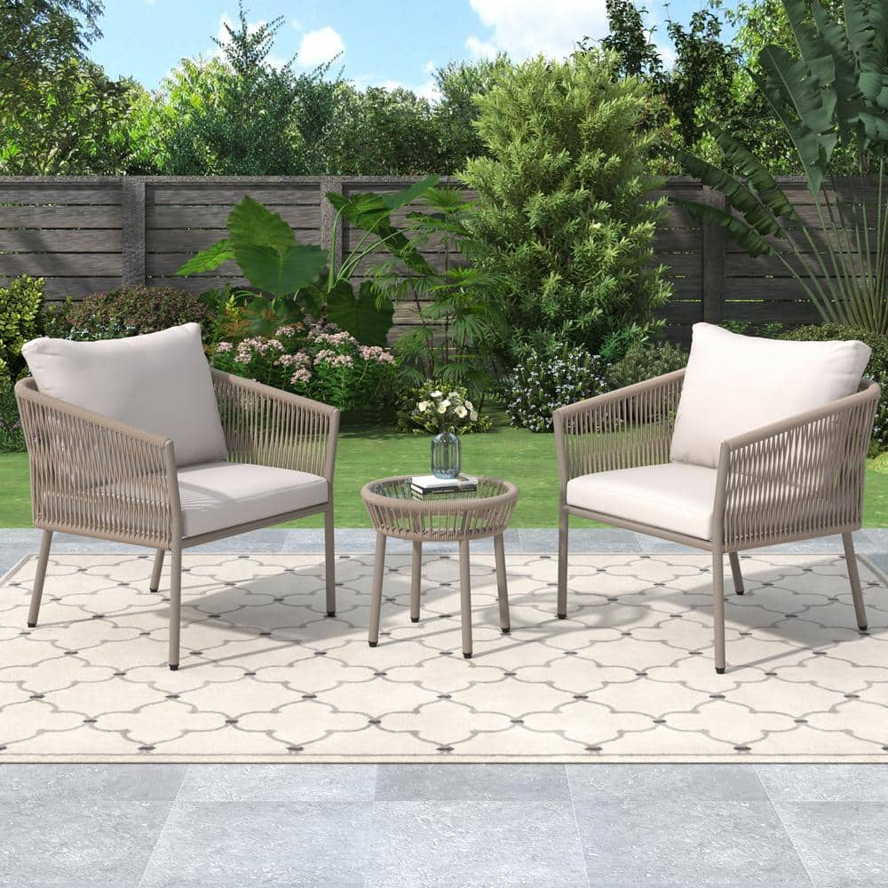 Harper & Bright Designs Beige 3-Piece Metal Outdoor Woven Rope Bistro ... intended for Understanding the Quality and Craftsmanship of the Haven Beige 3-Piece Set