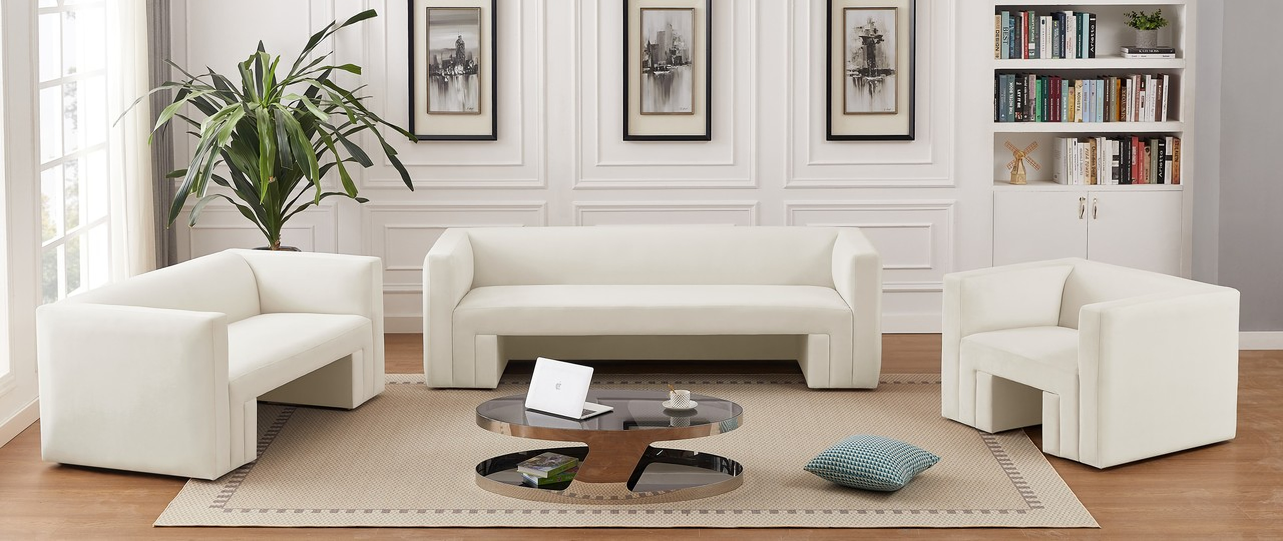 Henson Living Room Set In Cream Velvet By Meridian | 1Stopbedrooms intended for A Closer Look at the Beautiful Henson Velvet Upholstered Sofa in Cream