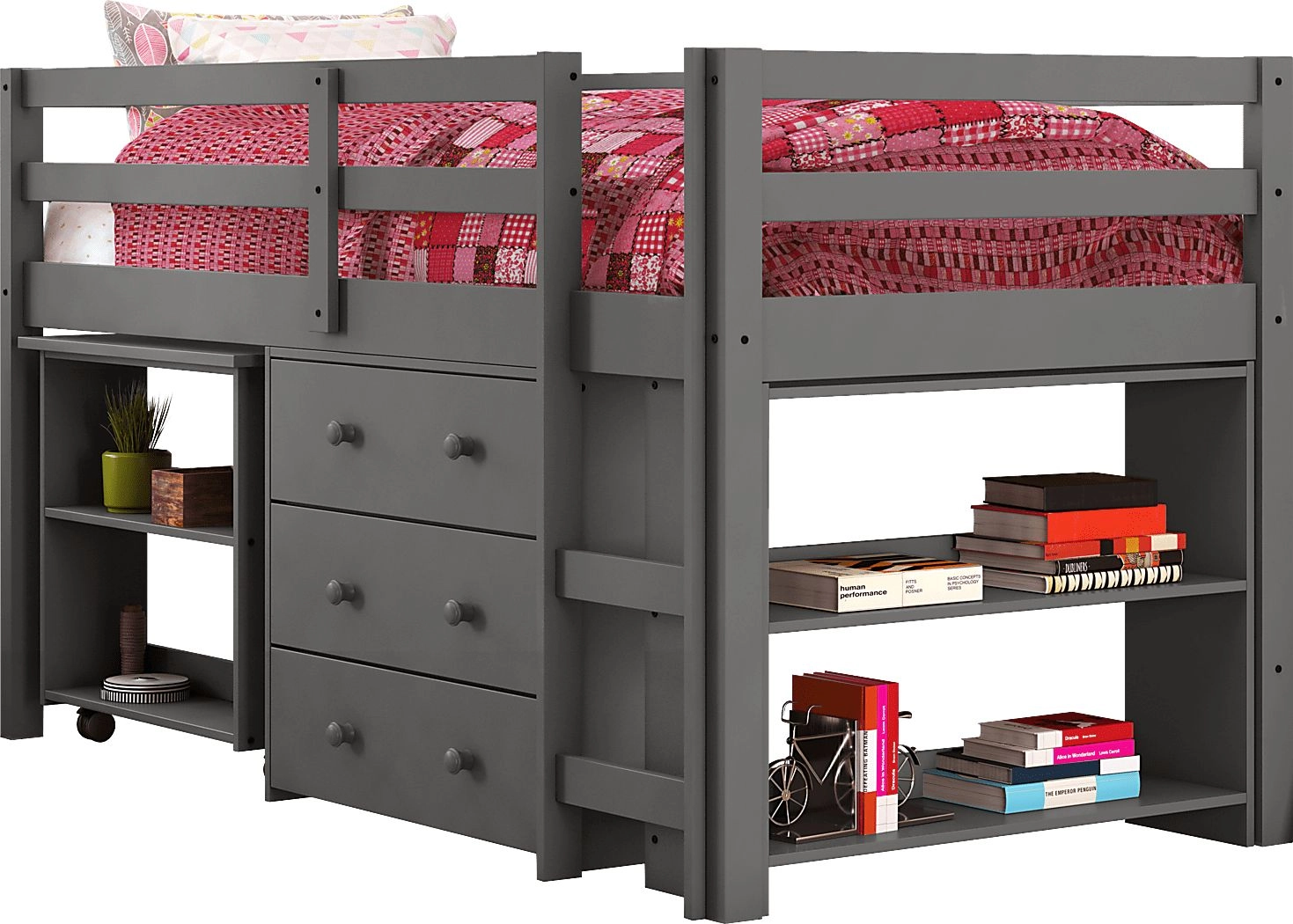 Hollis Ridge Gray Twin Student Loft Bed With Desk, Chest And Bookcase in