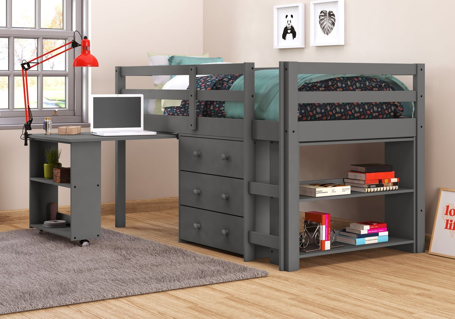 Hollis Ridge Gray Twin Student Loft Bed With Desk, Chest And Bookcase ... intended for Beyond the Basics Understanding White and Gray Twin Loft Beds with Desks