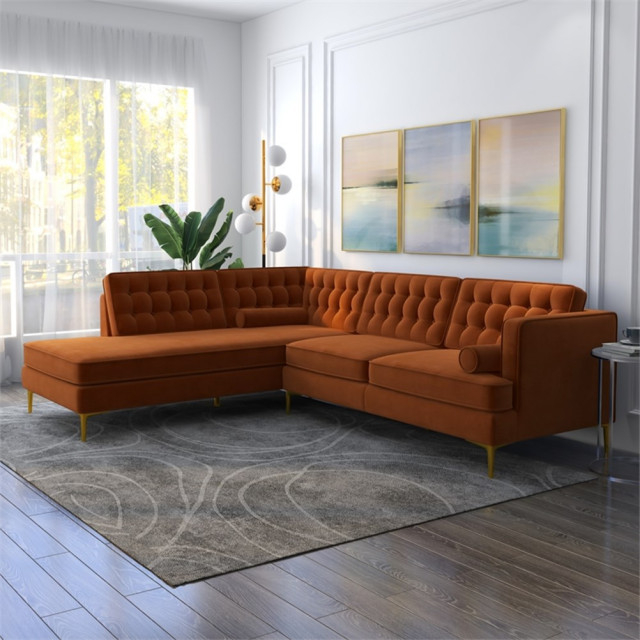 Kalenga Modern Pillow Back Velvet Left-Facing Upholstered Sectional In ... regarding Discovering the Allure of the Orange Velvet Kalenga Sectional