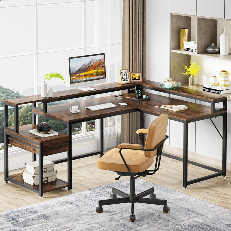 L Shaped Desk With Monitor Shelf & Power Outlets, Office Desk With ... regarding