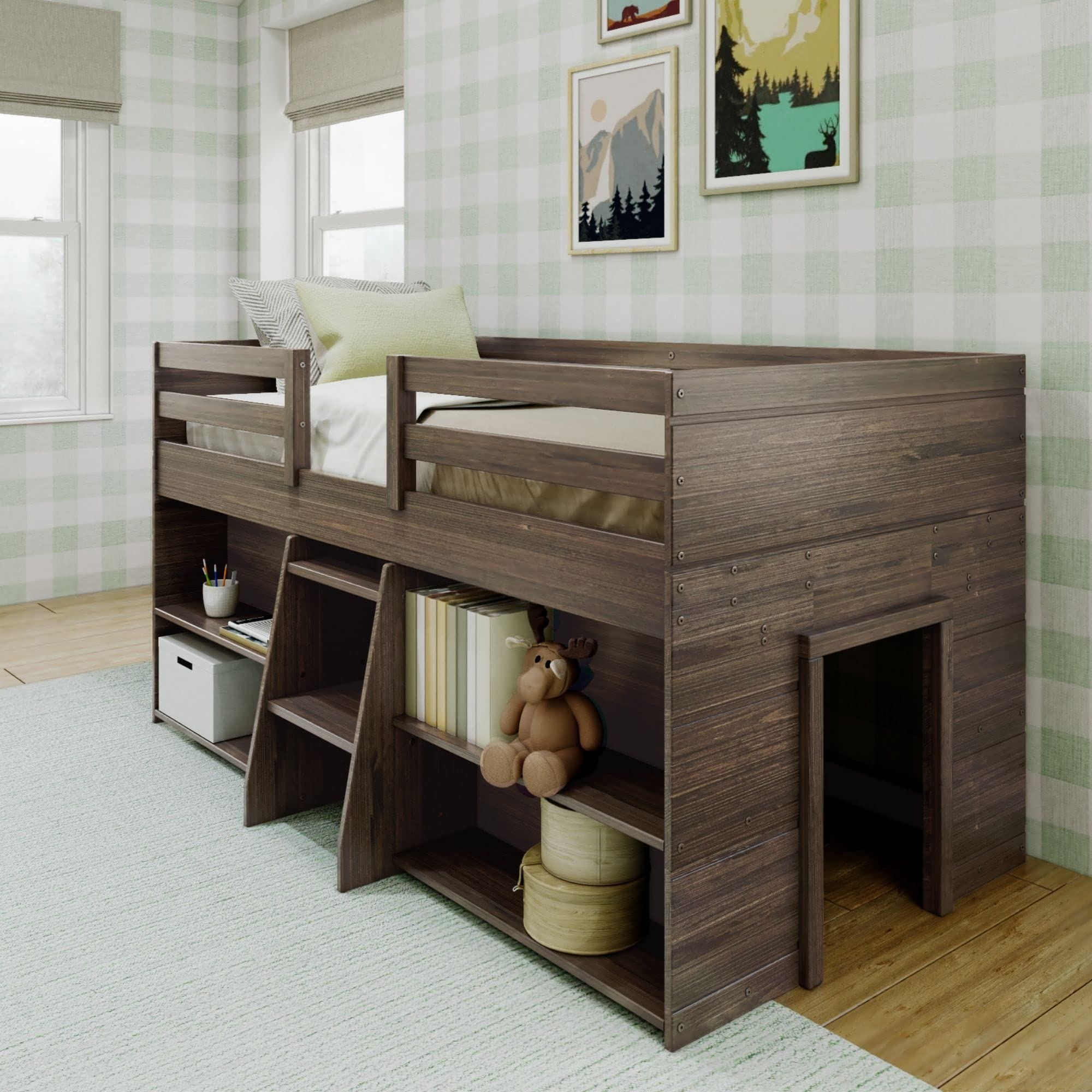 Max & Lily Modern Farmhouse Low Loft Bed, Twin Bed Frame For Kids With ... for