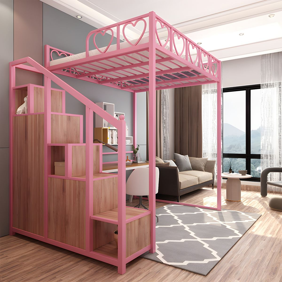 Metal Loft Bed Natural Storage Kids Bed With Guardrails And Shelves ... inside The Psychology of Play The Lena Metal Loft Bed in Red for Little Ones