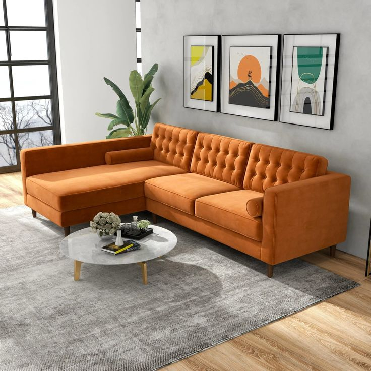 Mid-Century Modern Tufted L-Shaped Pillow Back Velvet Left-Facing ... intended for Discovering the Allure of the Orange Velvet Kalenga Sectional