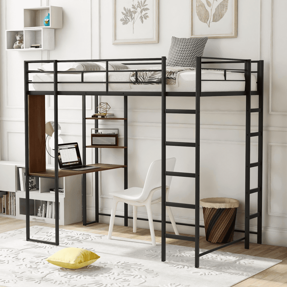 Modern Black Twin Metal Loft Bed With Integrated Desk & 2 Shelves: The ... regarding