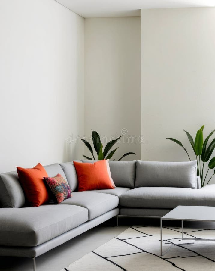 Modern Living Room Interior With A Comfortable Gray Sectional Sofa And ... for